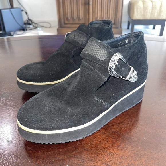 Silent D Anthropologie Cowboy Buckle Bootie Black Suede Boots 37 Platform US 6.5 - Picture 2 of 16
